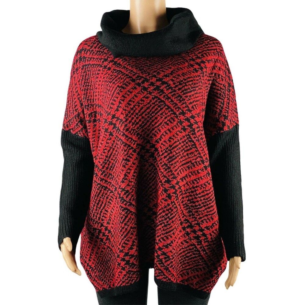 Joseph A Women's Sweater Black/Red Printed Cowl Neck Knit Size M Retail $78 NEW